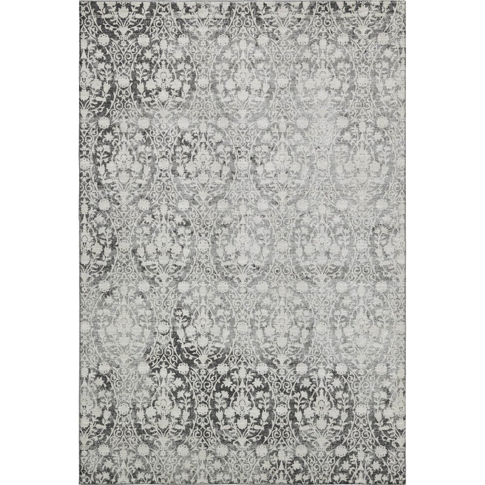 HomeRoots 9' X 12' Charcoal Ivory Damask Washable Area Rug - Durable, UV Protected, Ideal for Busy Homes 692075