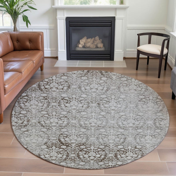 HomeRoots 8' X 8' Chocolate Damask Round Rug - Stylish, Washable, UV Protected, & Perfect for Busy Homes 692079