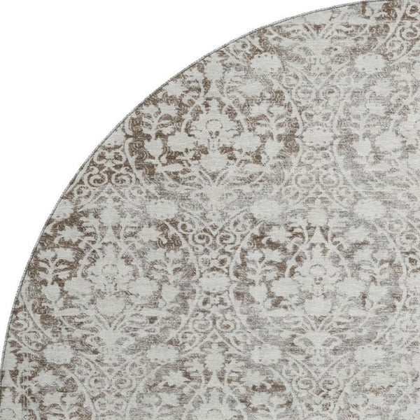 HomeRoots 8' X 8' Chocolate Damask Round Rug - Stylish, Washable, UV Protected, & Perfect for Busy Homes 692079