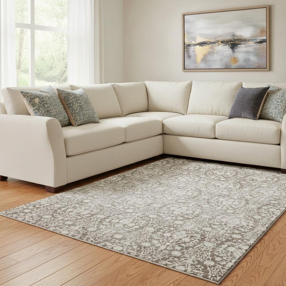 HomeRoots 8' Chocolate and Ivory Damask Area Rug - Durable, Washable, UV Protected for High-Traffic Homes 692080