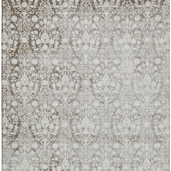 HomeRoots 8' Chocolate and Ivory Damask Area Rug - Durable, Washable, UV Protected for High-Traffic Homes 692080