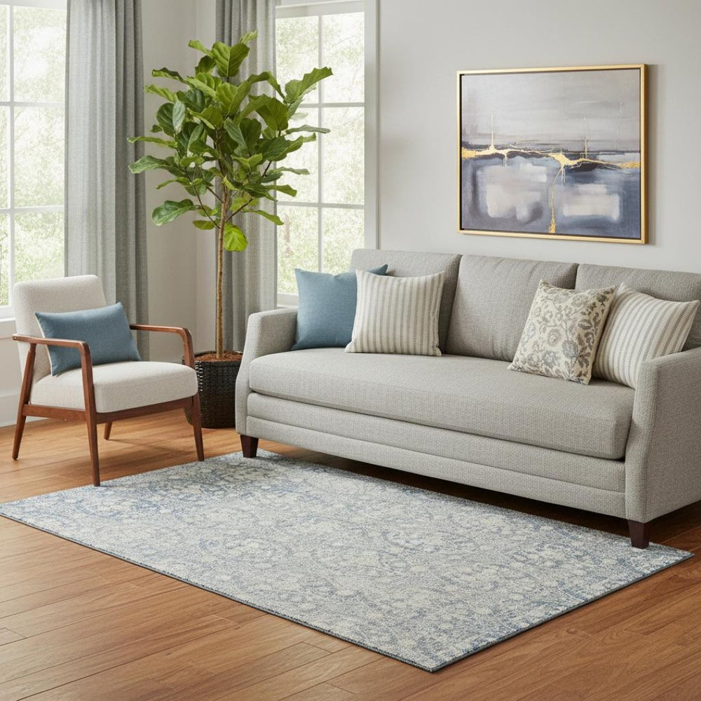 HomeRoots 5' X 8' Denim Blue & Ivory Damask Area Rug – Stylish, Washable, UV-Protected for Busy Homes 692084