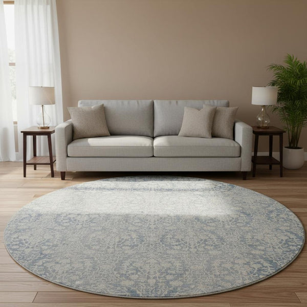 HomeRoots 8' Denim Blue & Ivory Damask Round Rug - Washable, UV Protected, Perfect for High-Traffic Areas! 692085