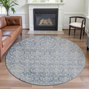 HomeRoots 8' Denim Blue & Ivory Damask Round Rug - Washable, UV Protected, Perfect for High-Traffic Areas! 692085