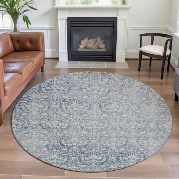 HomeRoots 8' Denim Blue & Ivory Damask Round Rug - Washable, UV Protected, Perfect for High-Traffic Areas! 692085
