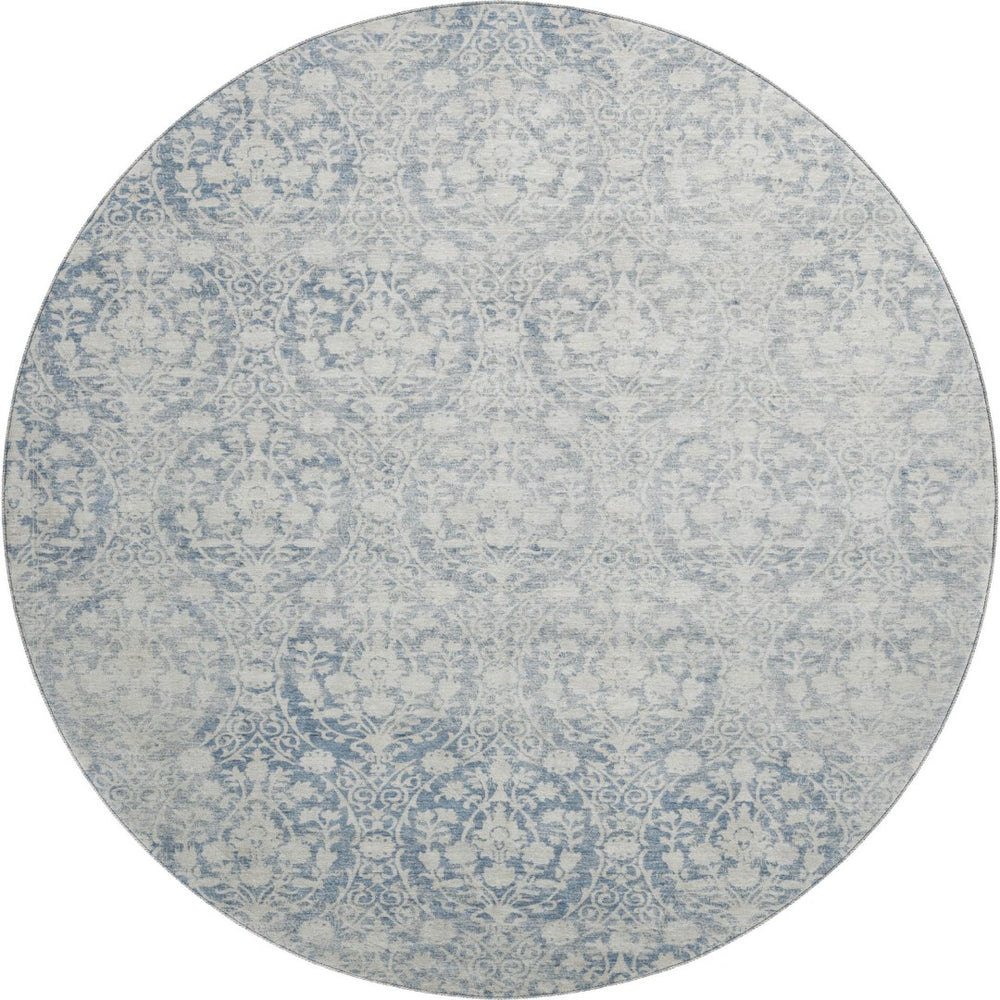 HomeRoots 8' Denim Blue & Ivory Damask Round Rug - Washable, UV Protected, Perfect for High-Traffic Areas! 692085
