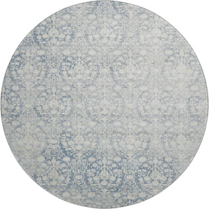 HomeRoots 8' Denim Blue & Ivory Damask Round Rug - Washable, UV Protected, Perfect for High-Traffic Areas! 692085
