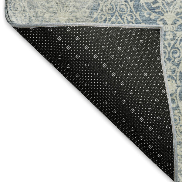 HomeRoots 8' Denim Blue & Ivory Damask Round Rug - Washable, UV Protected, Perfect for High-Traffic Areas! 692085