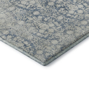 HomeRoots 8' Denim Blue & Ivory Damask Round Rug - Washable, UV Protected, Perfect for High-Traffic Areas! 692085