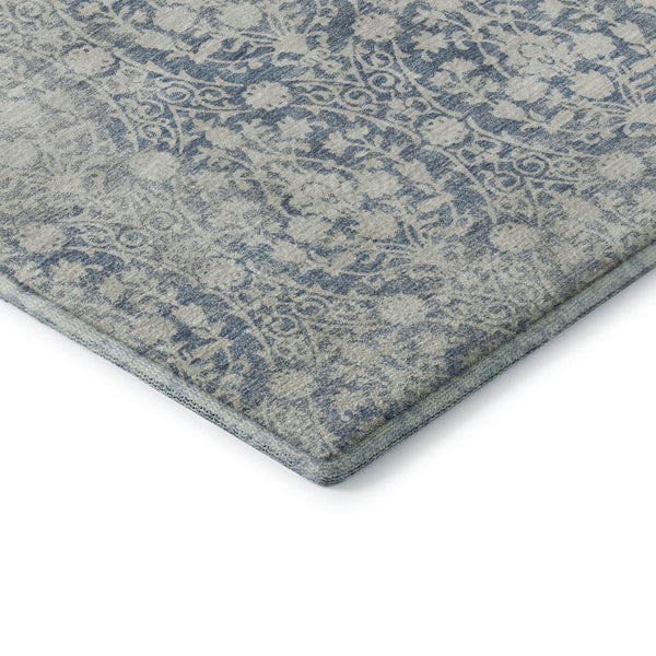 HomeRoots 8' Denim Blue & Ivory Damask Round Rug - Washable, UV Protected, Perfect for High-Traffic Areas! 692085