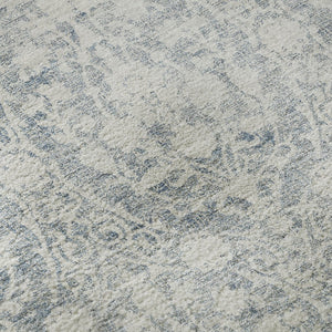 HomeRoots 8' Denim Blue & Ivory Damask Round Rug - Washable, UV Protected, Perfect for High-Traffic Areas! 692085