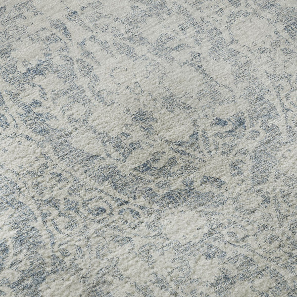 HomeRoots 8' Denim Blue & Ivory Damask Round Rug - Washable, UV Protected, Perfect for High-Traffic Areas! 692085