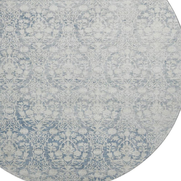 HomeRoots 8' Denim Blue & Ivory Damask Round Rug - Washable, UV Protected, Perfect for High-Traffic Areas! 692085