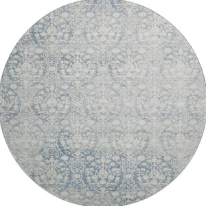 HomeRoots 8' Denim Blue & Ivory Damask Round Rug - Washable, UV Protected, Perfect for High-Traffic Areas! 692085
