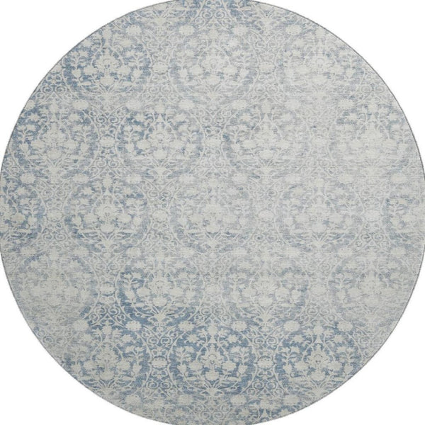 HomeRoots 8' Denim Blue & Ivory Damask Round Rug - Washable, UV Protected, Perfect for High-Traffic Areas! 692085