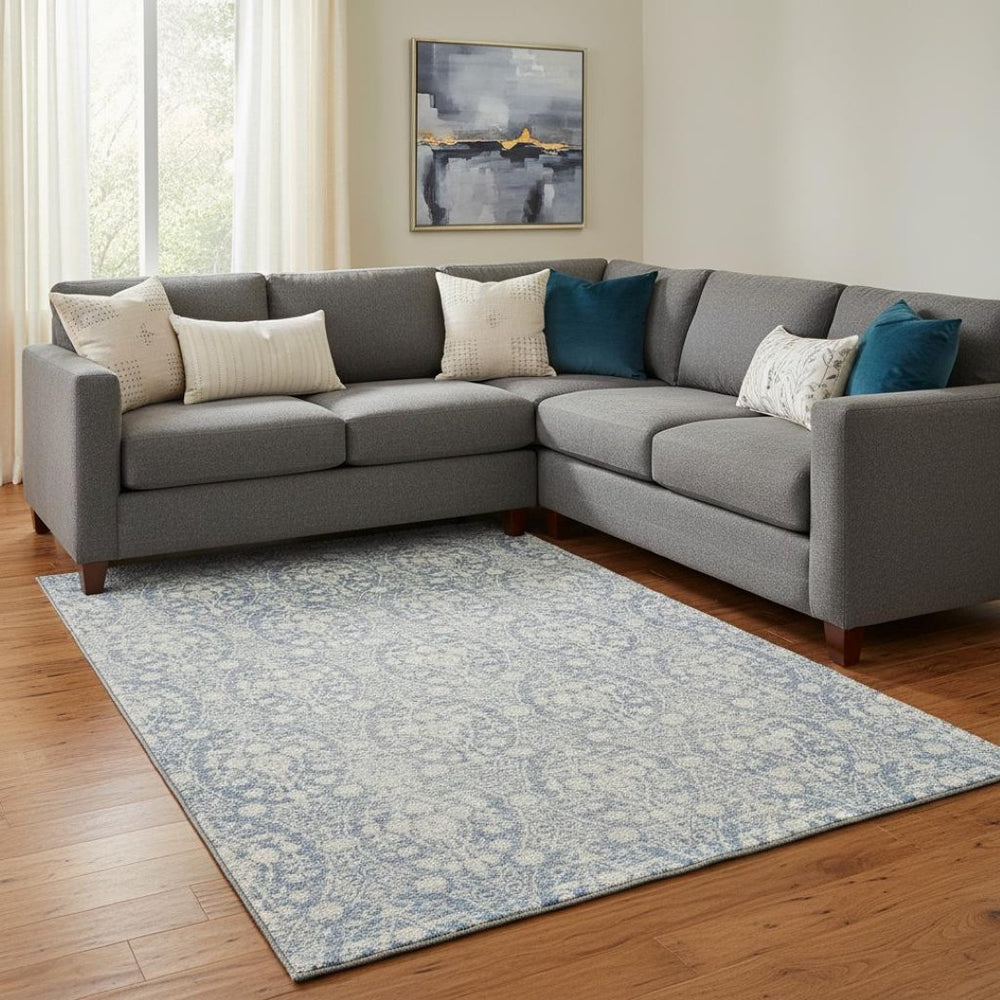 HomeRoots 8' Denim Blue And Ivory Damask Area Rug - Washable, UV Protected, Stain Resistant for Busy Homes 692086
