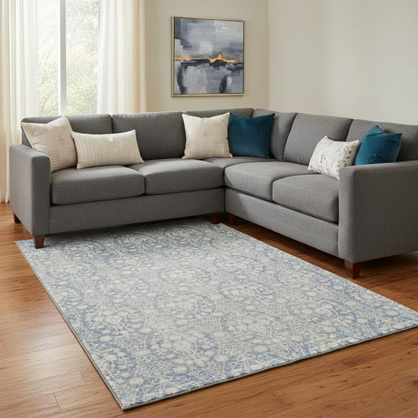 HomeRoots 8' Denim Blue And Ivory Damask Area Rug - Washable, UV Protected, Stain Resistant for Busy Homes 692086