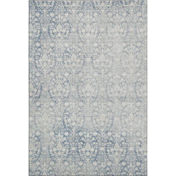 HomeRoots 8' Denim Blue And Ivory Damask Area Rug - Washable, UV Protected, Stain Resistant for Busy Homes 692086