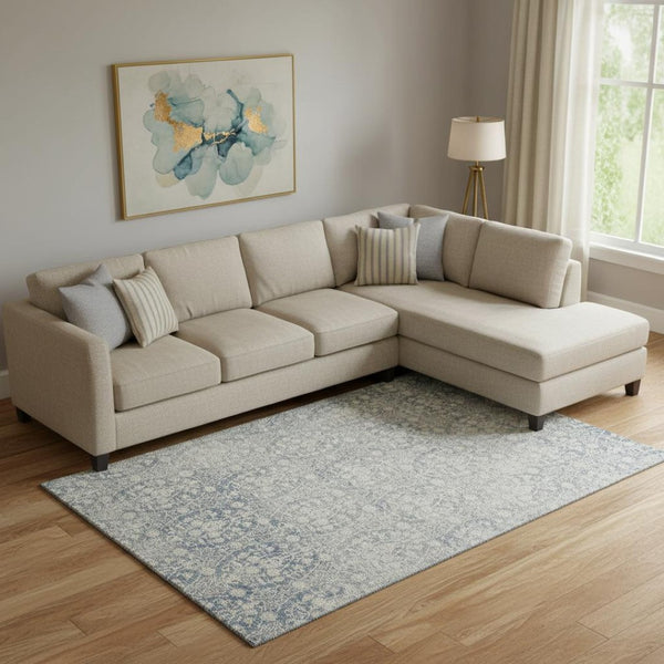 HomeRoots 9' Denim Blue & Ivory Damask Area Rug – Washable, UV Protected, Durable Design for High-Traffic Spaces 692087