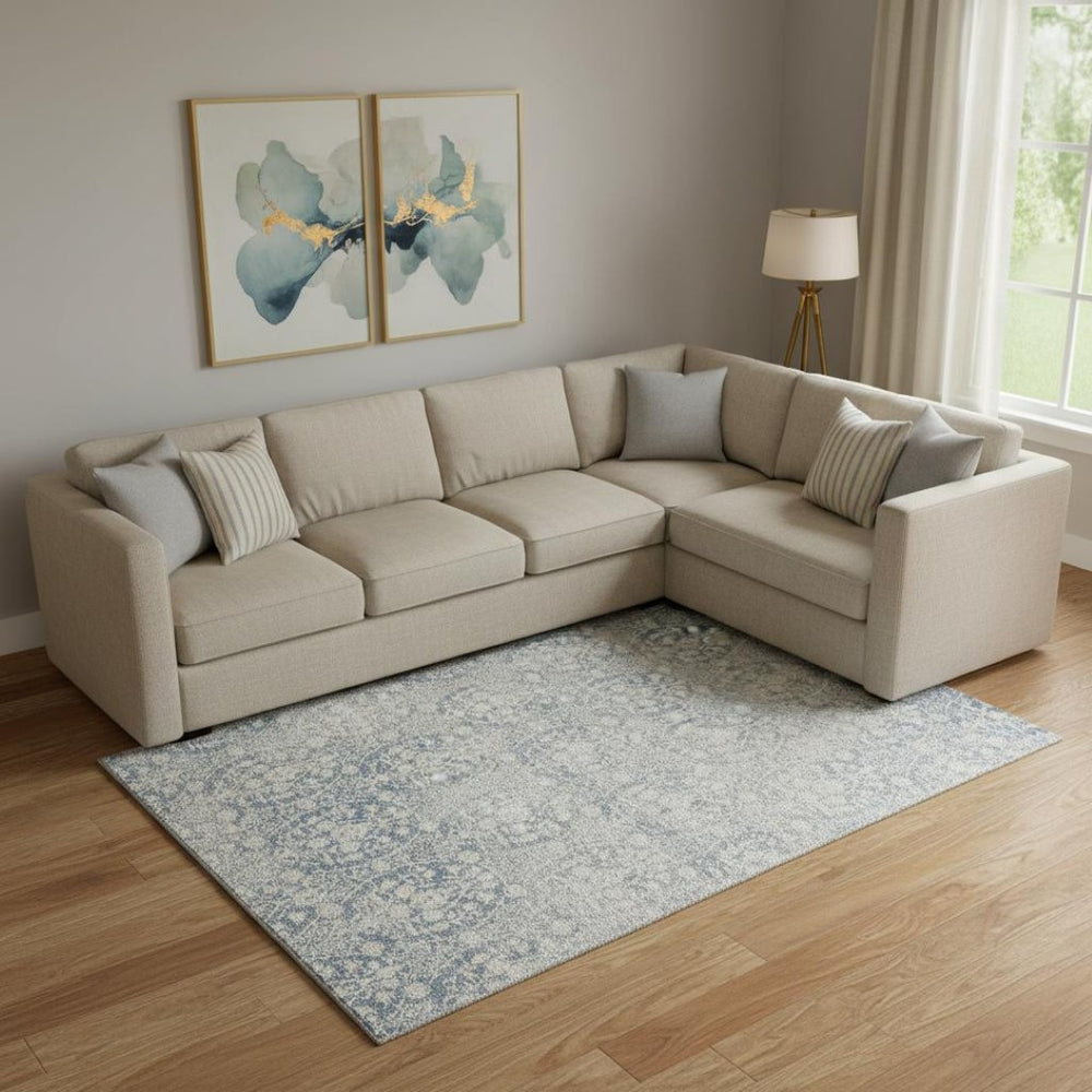 HomeRoots 10' Denim Blue and Ivory Damask Washable Area Rug with UV Protection - Stain-Resistant, Non-Slip Design 692088