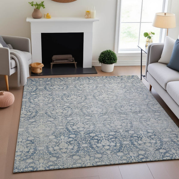 HomeRoots 10' Denim Blue and Ivory Damask Washable Area Rug with UV Protection - Stain-Resistant, Non-Slip Design 692088
