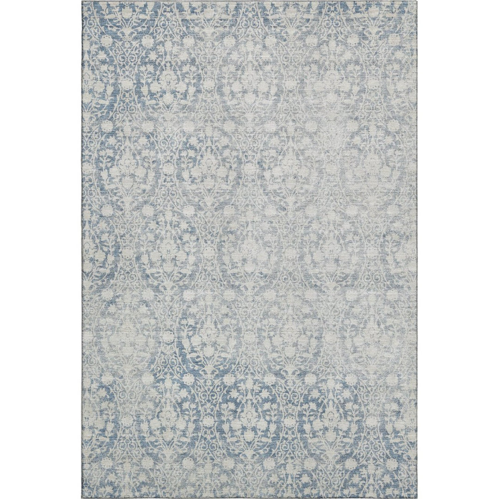 HomeRoots 10' Denim Blue and Ivory Damask Washable Area Rug with UV Protection - Stain-Resistant, Non-Slip Design 692088
