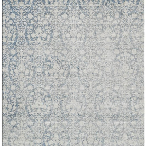 HomeRoots 10' Denim Blue and Ivory Damask Washable Area Rug with UV Protection - Stain-Resistant, Non-Slip Design 692088