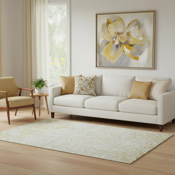 HomeRoots 5' X 8' Gold and Ivory Damask Area Rug – Washable, UV Protected, Perfect for High-Traffic Spaces! 692090