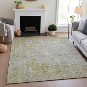 HomeRoots 5' X 8' Gold and Ivory Damask Area Rug – Washable, UV Protected, Perfect for High-Traffic Spaces! 692090