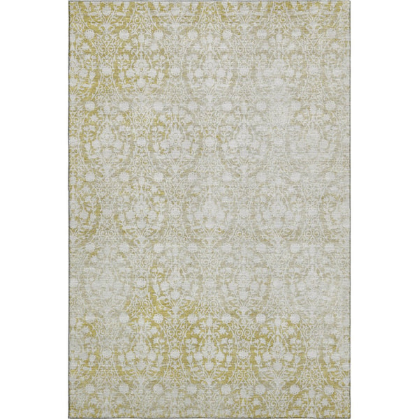 HomeRoots 5' X 8' Gold and Ivory Damask Area Rug – Washable, UV Protected, Perfect for High-Traffic Spaces! 692090
