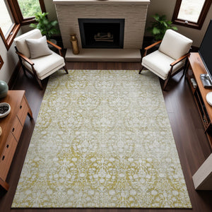 HomeRoots 5' X 8' Gold and Ivory Damask Area Rug – Washable, UV Protected, Perfect for High-Traffic Spaces! 692090