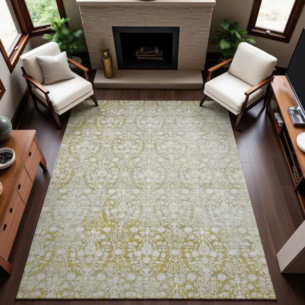 HomeRoots 5' X 8' Gold and Ivory Damask Area Rug – Washable, UV Protected, Perfect for High-Traffic Spaces! 692090
