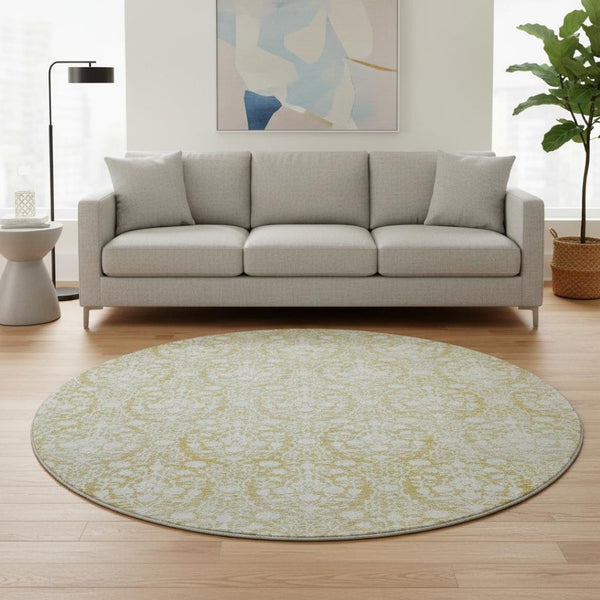 HomeRoots 8' X 8' Gold and Ivory Damask Round Rug - Washable, UV-Protected, Durable for High-Traffic Areas 692091