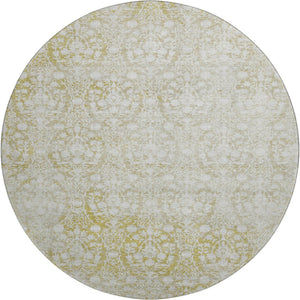 HomeRoots 8' X 8' Gold and Ivory Damask Round Rug - Washable, UV-Protected, Durable for High-Traffic Areas 692091