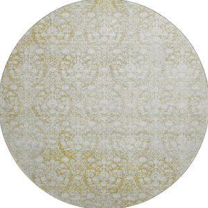 HomeRoots 8' X 8' Gold and Ivory Damask Round Rug - Washable, UV-Protected, Durable for High-Traffic Areas 692091