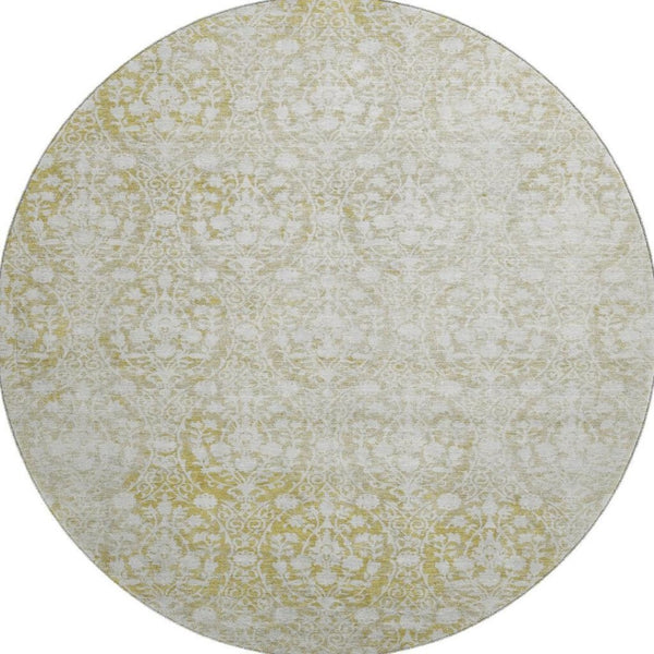 HomeRoots 8' X 8' Gold and Ivory Damask Round Rug - Washable, UV-Protected, Durable for High-Traffic Areas 692091
