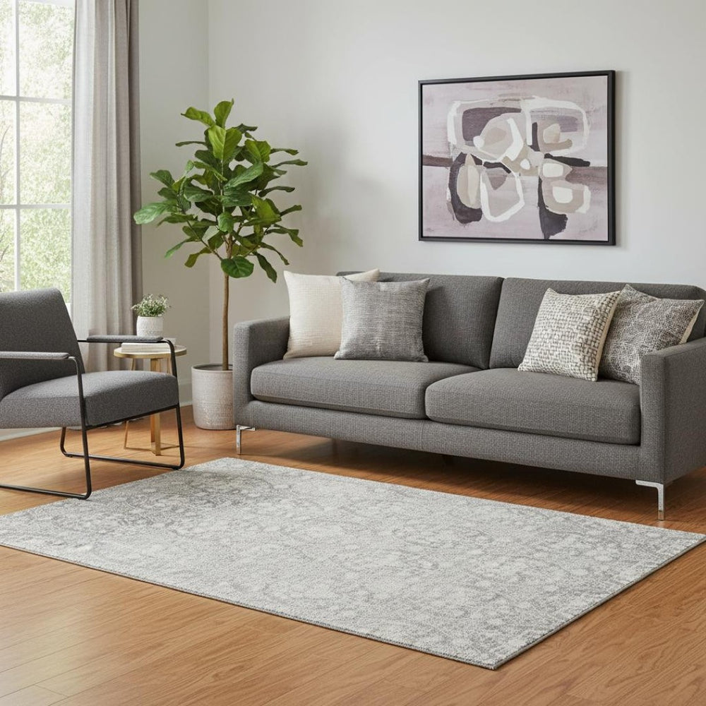 HomeRoots 5' X 8' Gray And Ivory Damask Area Rug - Washable, UV Protected, Stylish & Durable for Homes 692096