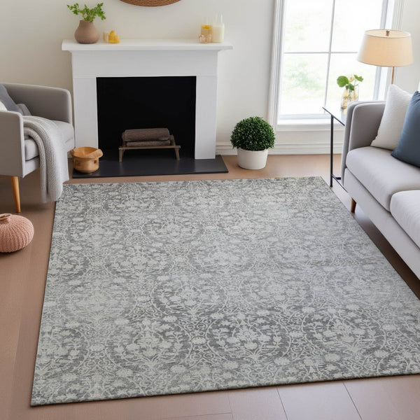 HomeRoots 5' X 8' Gray And Ivory Damask Area Rug - Washable, UV Protected, Stylish & Durable for Homes 692096