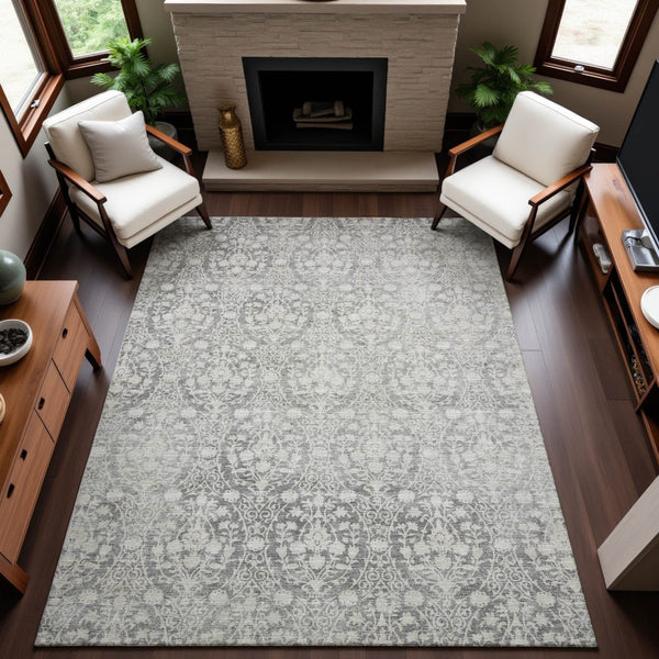 HomeRoots 5' X 8' Gray And Ivory Damask Area Rug - Washable, UV Protected, Stylish & Durable for Homes 692096