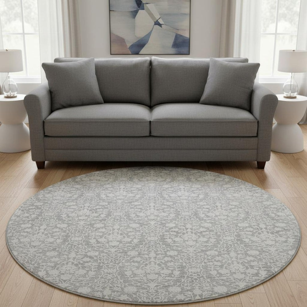 HomeRoots 8' Gray and Ivory Damask Washable Round Rug with UV Protection - Durable, Stylish, and Easy Care! 692097