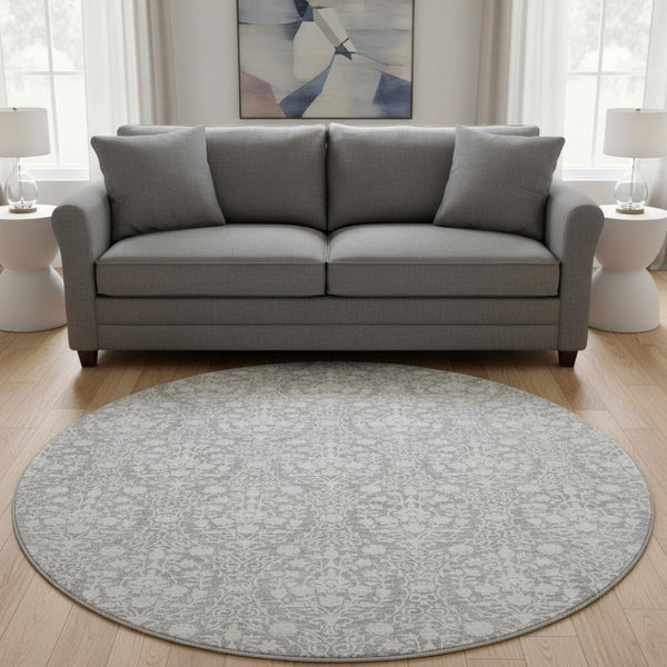 HomeRoots 8' Gray and Ivory Damask Washable Round Rug with UV Protection - Durable, Stylish, and Easy Care! 692097