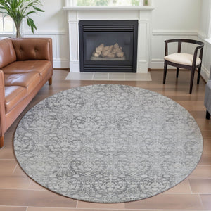 HomeRoots 8' Gray and Ivory Damask Washable Round Rug with UV Protection - Durable, Stylish, and Easy Care! 692097