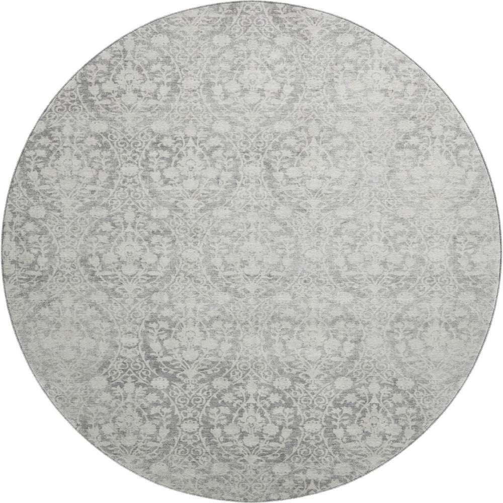 HomeRoots 8' Gray and Ivory Damask Washable Round Rug with UV Protection - Durable, Stylish, and Easy Care! 692097