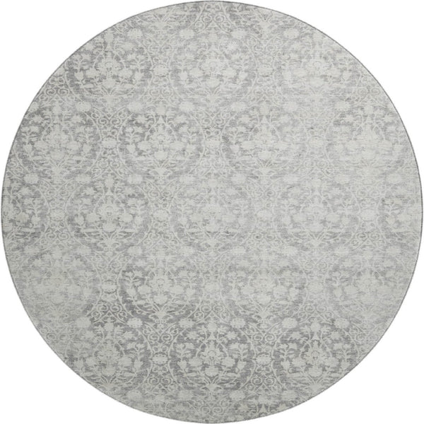 HomeRoots 8' Gray and Ivory Damask Washable Round Rug with UV Protection - Durable, Stylish, and Easy Care! 692097