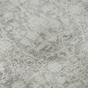 HomeRoots 8' Gray and Ivory Damask Washable Round Rug with UV Protection - Durable, Stylish, and Easy Care! 692097