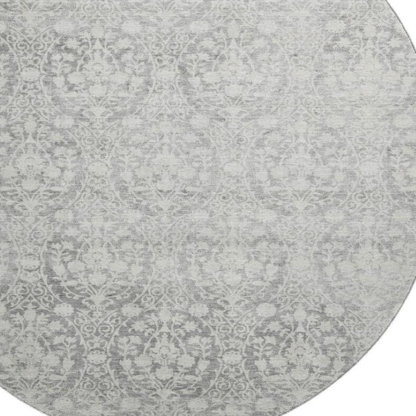 HomeRoots 8' Gray and Ivory Damask Washable Round Rug with UV Protection - Durable, Stylish, and Easy Care! 692097