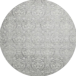HomeRoots 8' Gray and Ivory Damask Washable Round Rug with UV Protection - Durable, Stylish, and Easy Care! 692097