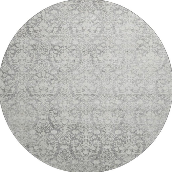 HomeRoots 8' Gray and Ivory Damask Washable Round Rug with UV Protection - Durable, Stylish, and Easy Care! 692097