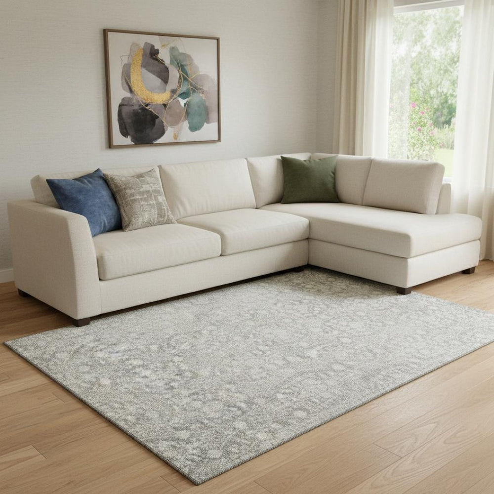 HomeRoots 8' Gray and Ivory Damask Area Rug - Washable, UV-Protected, Stain-Resistant, Family-Friendly Design 692098