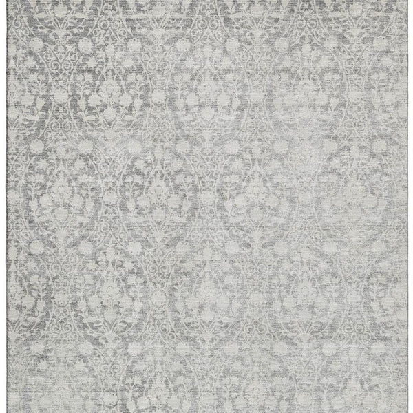 HomeRoots 8' Gray and Ivory Damask Area Rug - Washable, UV-Protected, Stain-Resistant, Family-Friendly Design 692098
